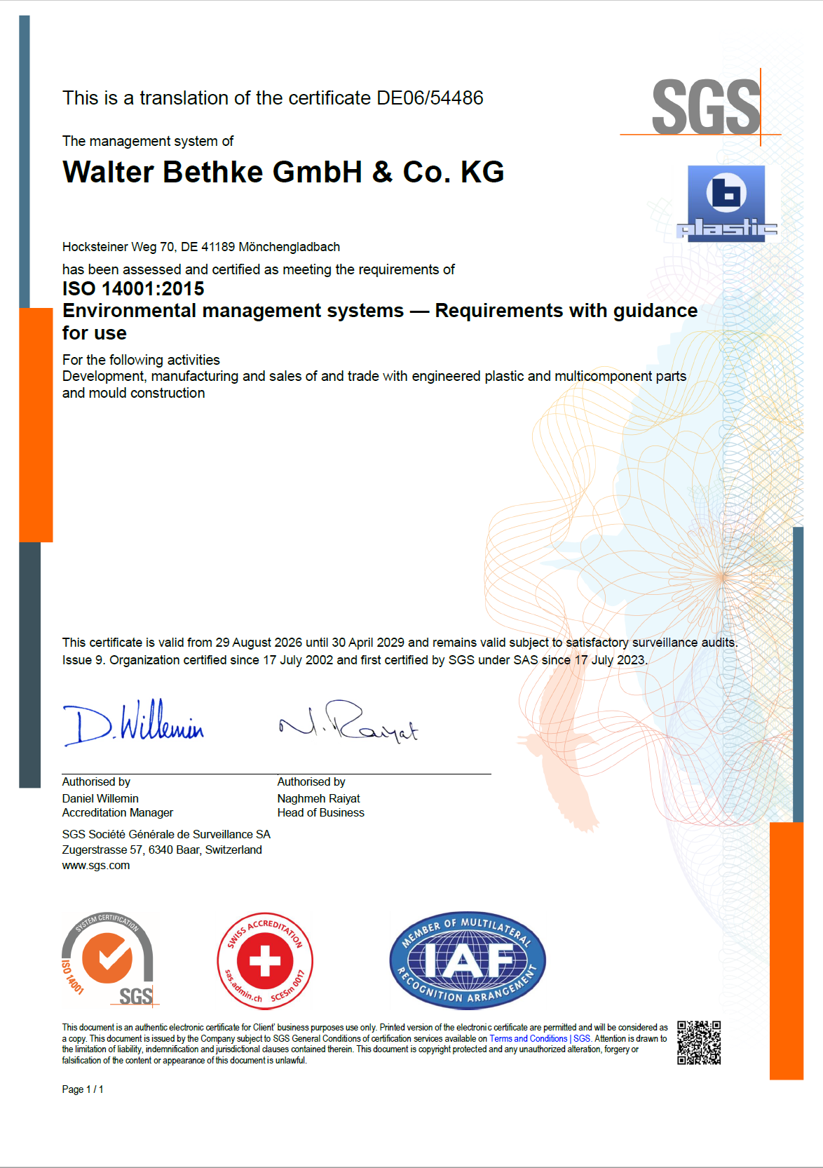 Image of the b-plastic certificate for monitored and certified environmental standards in accordance with ISO 14001:2015