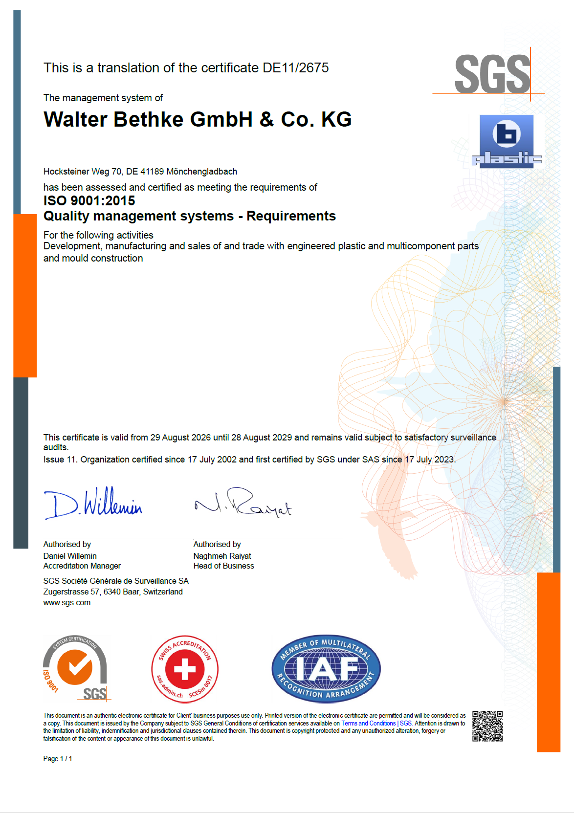 Image of the b-plastic certificate for quality management system requirements in accordance with ISO 9001:2015