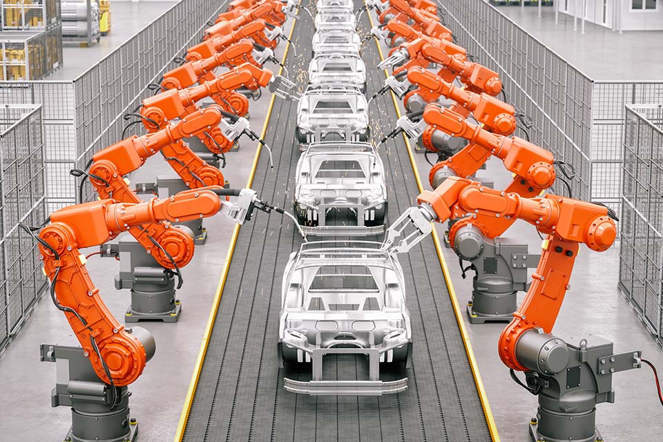 Automotive supplier assembly line with welding robots