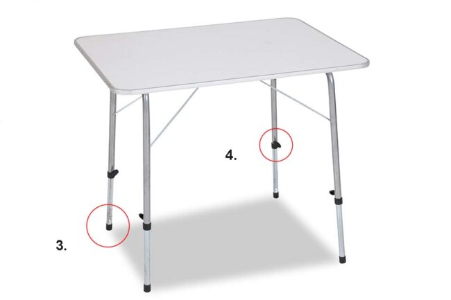 Camping table in white with tube glides and wing screws, on white background