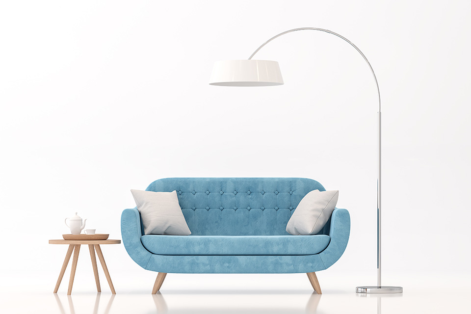Object furniture- blue two-seater sofa with small wooden side table and white swing lamp
