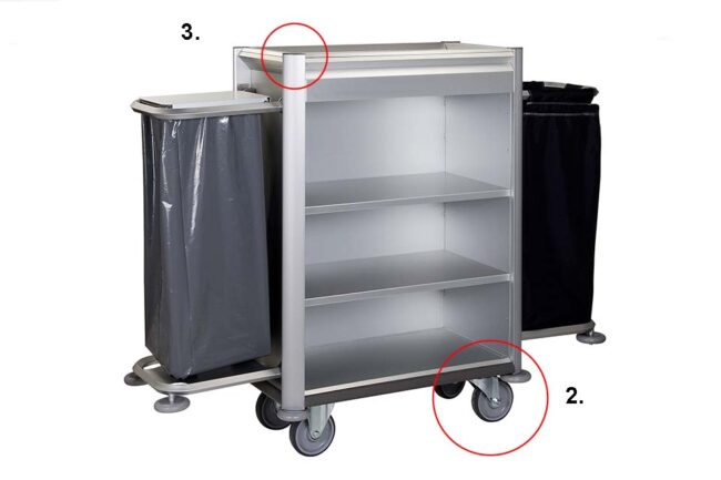 A hotel cleaning tool trolley with wheels and cover caps, isolated on a white background