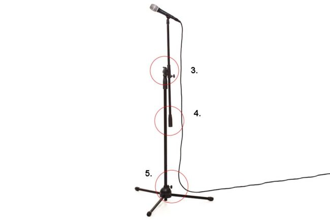 Microphone on adjustable stand, wing screws, protection knob and knurled screws, isolated on white background