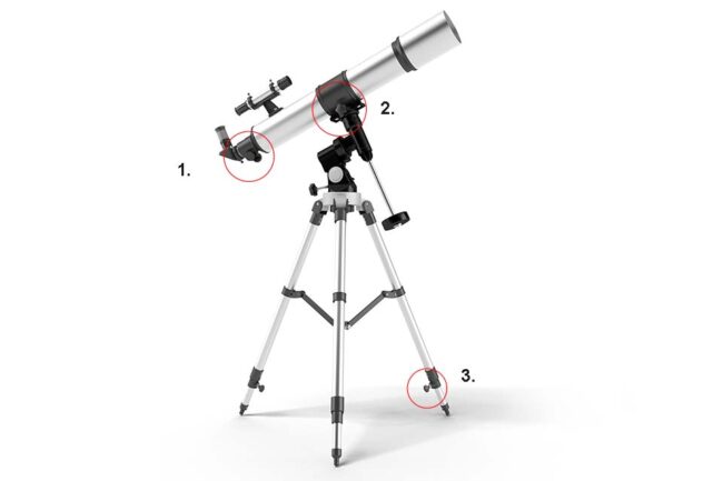 Foto eines Filmteleskops auf einem Stativ mit Rändelschrauben, Sternknöpfen und Flügelmuttern