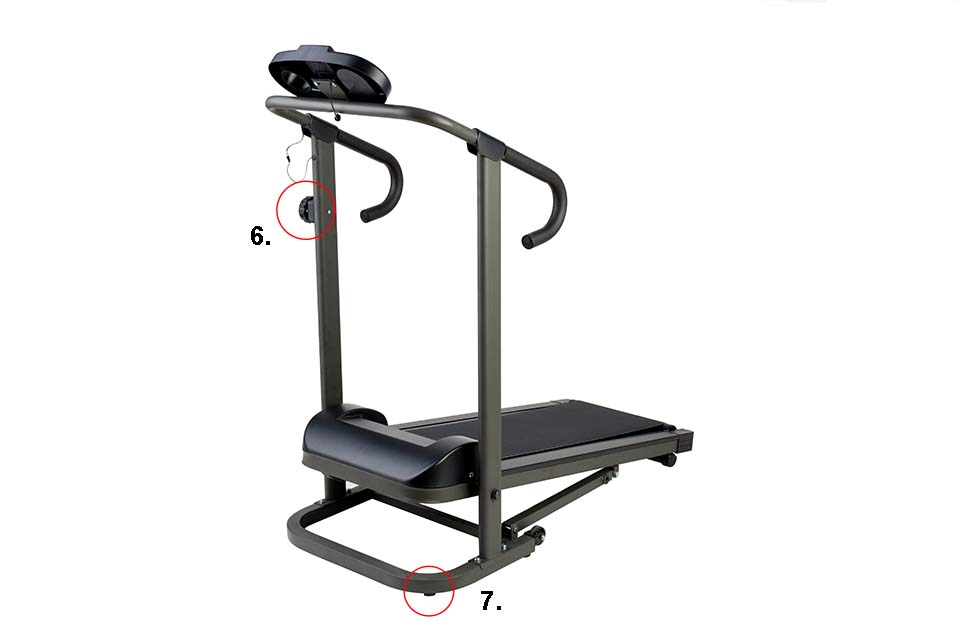 Modern treadmill in black with adjusting screws and adjustable feet