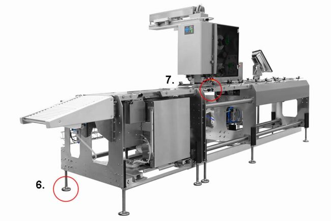Hochgeschwindigkeits-Verpackungsmaschine für die Lebensmittelindustrie, mit Maschinenfüßen und Kreuzgriffen, isoliert auf weißem Hintergrund