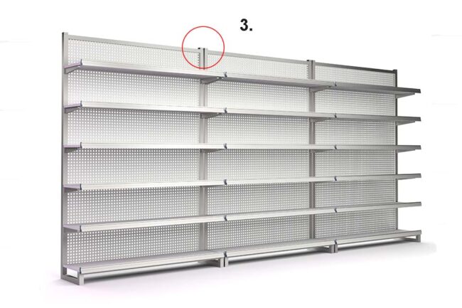 Eine ganz aus Metall gefertigte Regalwand für die Einrichtung eines Ladens mit Scutzstopfen