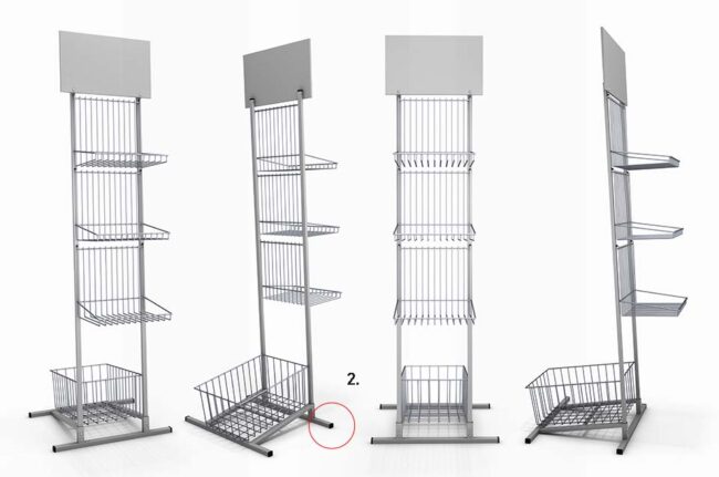 Shelf baskets photographed from different angles made entirely of metal for brochures or small parts sales with caps and plugs