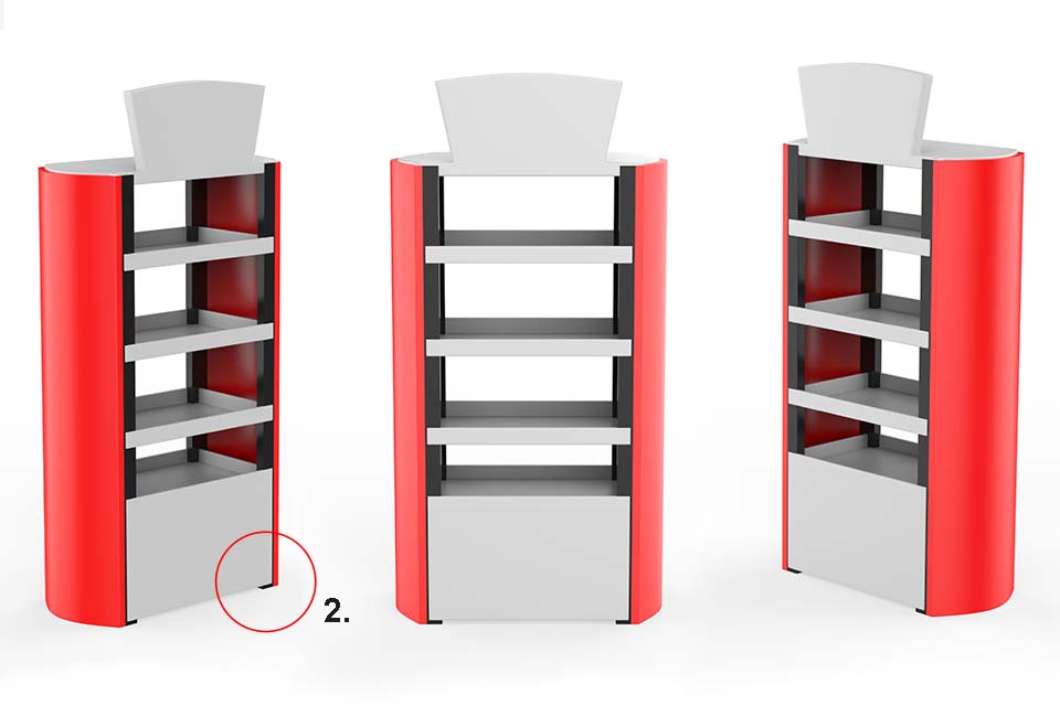 Shelf uprights open on both sides in red, white and black and adjustable feet