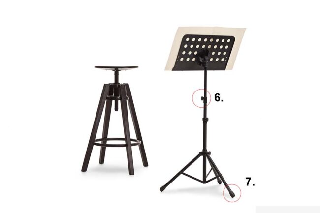 Music stand with stool in black with wing nuts and stoppers
