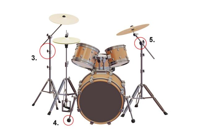 Drum kit with wing screws, glides and slight plugs, isolated on white background.