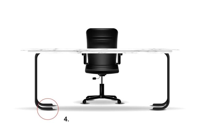 Purist desk with black office chair with adjustable feet, on white background