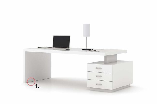 Moderner Schreibtisch mit integriertem Schubladenschrank in weiß gehalten mit universalen Klebeplättchen zur Bodenschonung