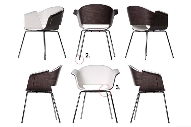 Ein Stuhlset mit verschiedenen Ansichten des abgebildeten Stuhls mit Nivellierfüßen und Nylonscheiben, isoliert auf weißem Hintergrund