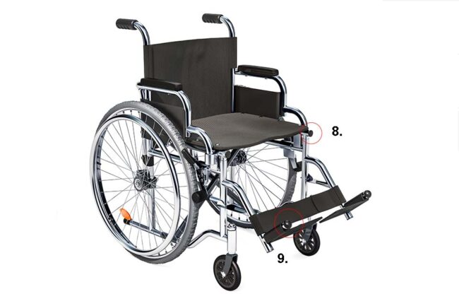 Leerer Rollstuhl für behinderte Person mit Lamellenstopfen und Schutzstopfen, isoliert auf weißem Hintergrund