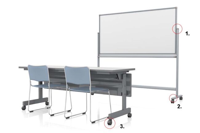Schulbank mit hellblauen Stühlen und einer beweglichen Tafel mit Abdeckstopfen und Doppellenkrollen auf weißem Hintergrund