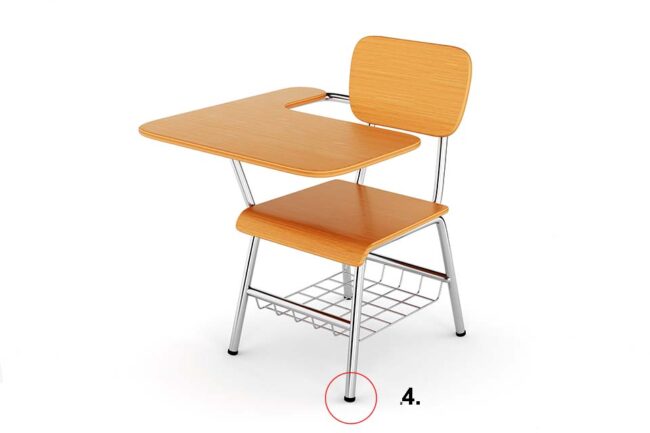 Orange coloured chair-desk with integrated basket underneath the seat