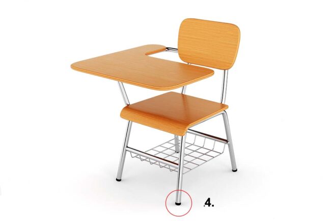 Orange coloured chair-desk with integrated basket underneath the seat and furniture glides