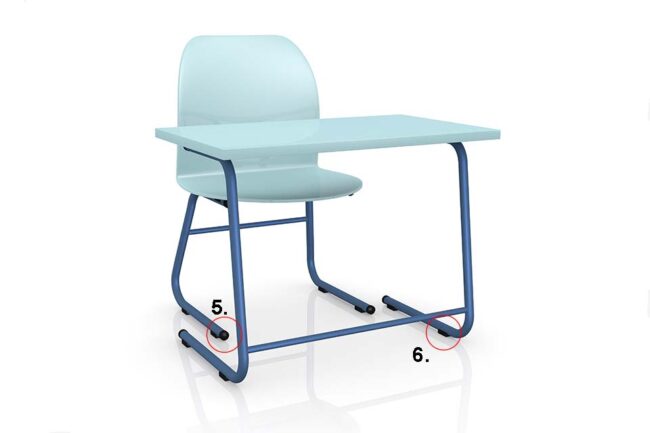 Pupil's desk and chair with dark blue frame and light blue seat shell and table top with covering caps and skid gliders on white background