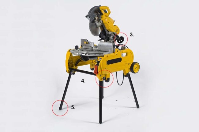 Solid yellow lacquered table saw with hanwheel, operating elements and caps for construction site use