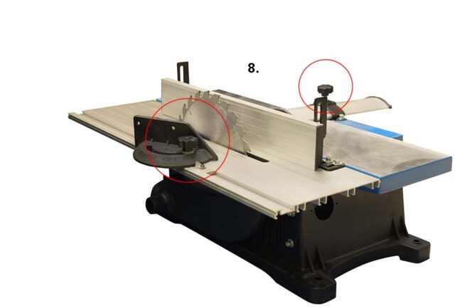 Small professional table circular saw with star handles, on white background