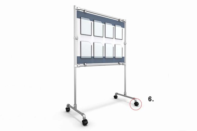 Modern mobile blackboard in white, with pinned documents and swivel twin wheels, isolated on white background