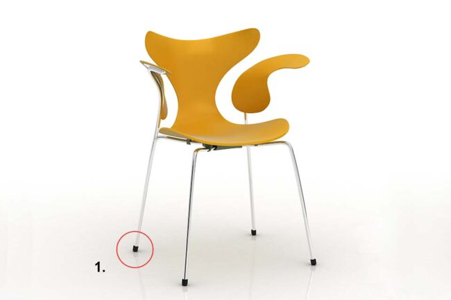 Moderner orangefarbener Stuhl isoliert auf weißem Hintergrund mit Gleitern