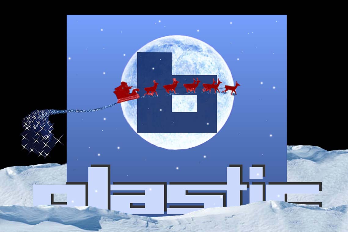b-plastic-Logo in der Nacht, im Schnee und mit dem Weihnachstschlitten
