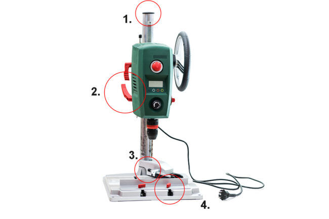 Pillar drilling machine for the hobby workshop with plugs, clamping handles, caps and wing nuts