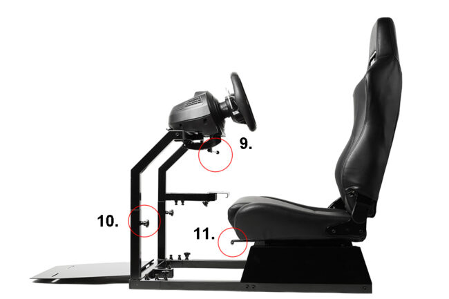 Car racing simulator cockpit with seat and wheel