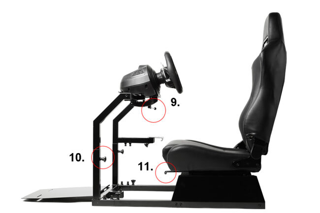 Car racing simulator cockpit with seat and wheel, cross handles and sight caps