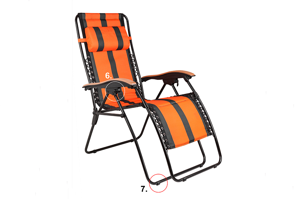 Moderner schwarz-oranger Liegestuhl mit Klemmhebel und Klemmschalengleitern