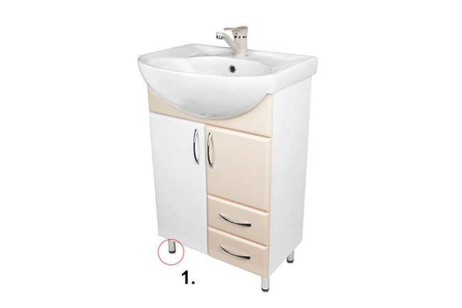Waschbecken mit Waschtischunterschrank in Beige-Weiß und mit vier Aufstellfüßen