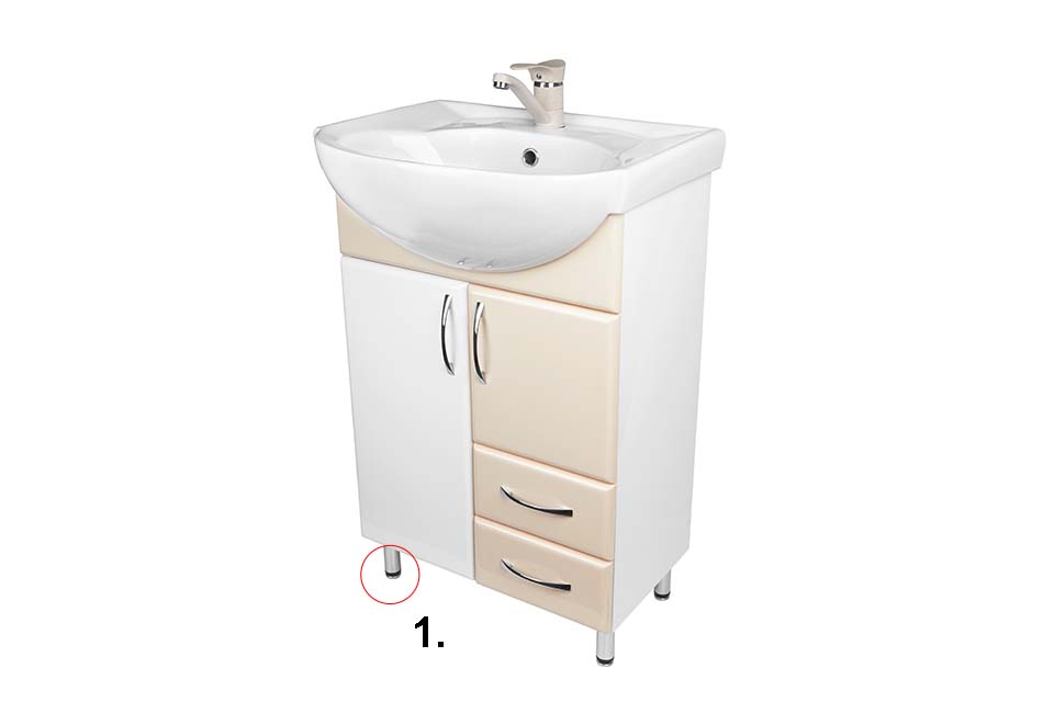 Washbasin with vanity unit in beige-white and with four stand-up feet