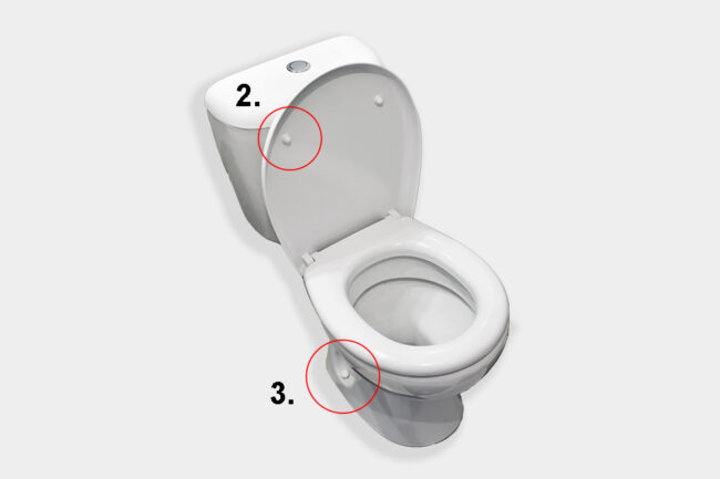 Toilet bowl with lid and water reservoir, with labelled application options for our products