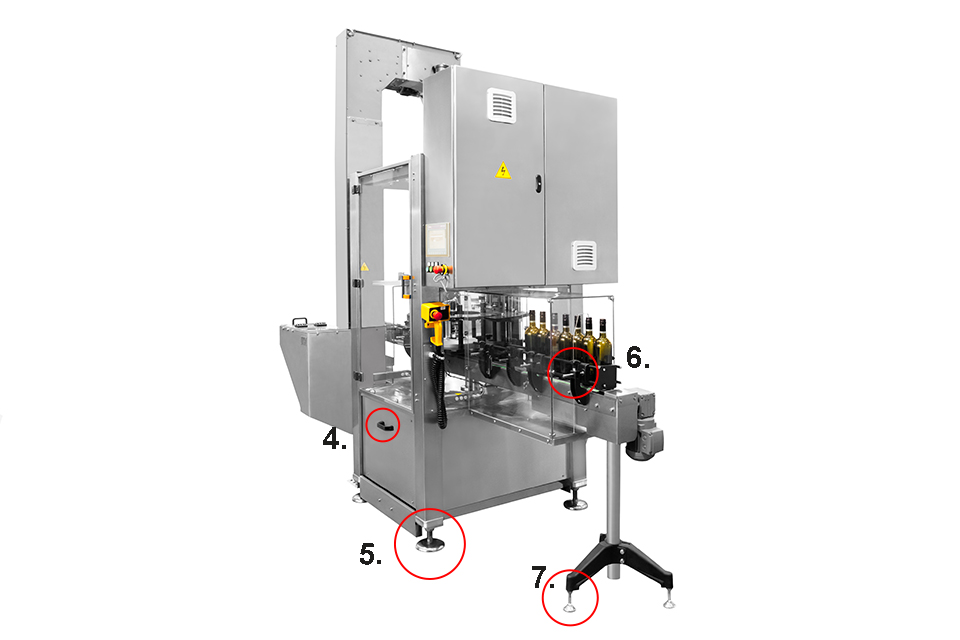 Bottle filling machine with u-handles, machine feet and adjustable feet