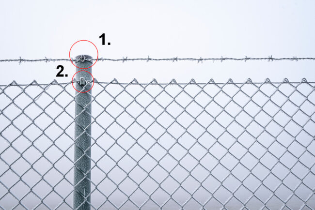 Wire mesh fence in winter with green caps