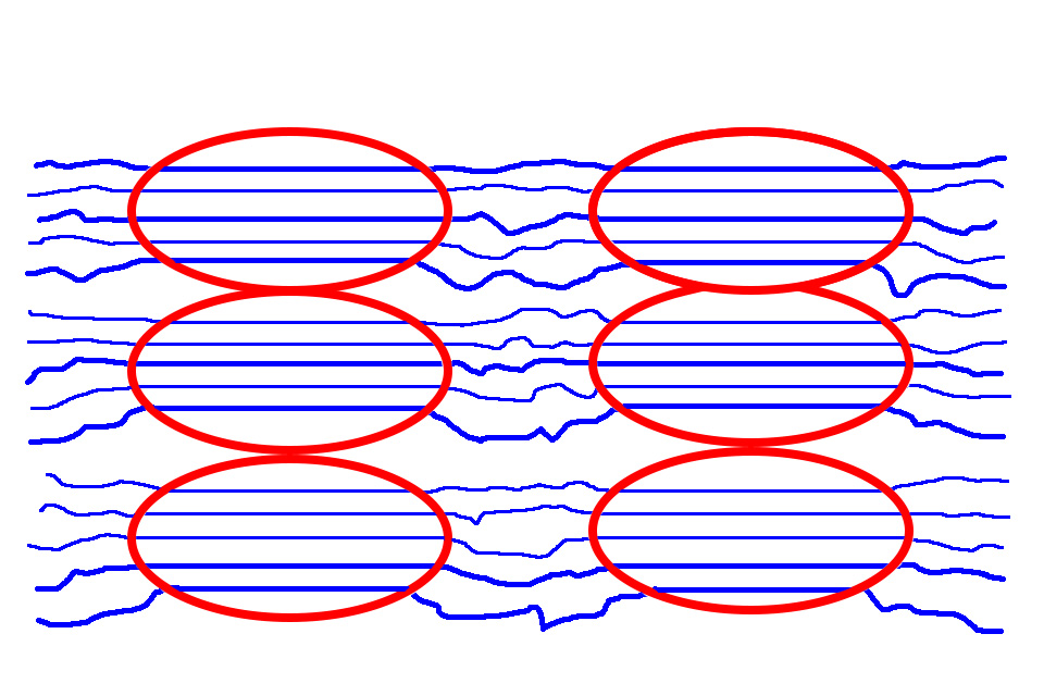 Polyamide under the microscope; blue threads that lie straight next to each other after stretching.