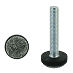 Das Bild zeigt eine Stellschraube mit einem Stahlgewindebolzen und einem runden Kunststofffuß sowie einer angeschweißten Filzgleitfläche.