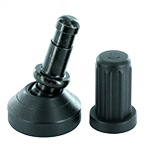 Das Bild zeigt einen schwarzen Gelenkgleiter mit Stahlkugelbolzen, Kunststofffuß und einer schwarzen Hülse in separater Abbildung.