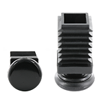 Abgebildet ist ein schwarzer Gelenkgleiter aus Polyethylen für quadratische Rohre mit einer Kunststoffgleitfläche aus Polyamid.