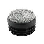 Dargestellt ist ein schwarzer Möbelgleiter mit Lamellen und einer aufgeschweißten Gleitfläche aus grauem Filz.