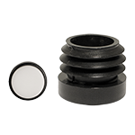 Die Abbildung zeigt einen schwarzen möbelgleiter mit einer montierten weißen POM/PTFE-Gleitfläche