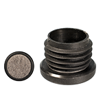 Das Bild zeigt einen schwarzen Möbelgleiter mit einer graumelierten Filzgleitftäche. Das Bild zeigt den Gleiter aus zwei Perpektiven.