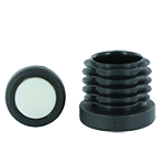 Abgebildet ist ein schwarzer Möbelgleiter montiert mit einer geräuschdämpfenden TPE-V-Gleitfläche.