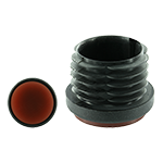 Das Bild zeigt einen schwarzen runden Möbelgleiter mit einer Haftfläche aus rotbraunem PUR.