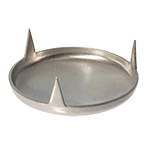 Im Bild wird ein Möbelgleiter gezeigt, der aus vernickeltem Stahl besteht und zum Einschlagen in ein Stuhlbein drei Zacken besitzt.