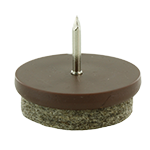 Die Abbildung zeigt einen braunen Nagelgleiter mit rundem Grundkörper, einem Stahlnagel und einer graumelierten umspritzten Filzgleitfläche.