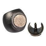 Das Bild zeigt einen schwarzen elipsoidförmigen Klemmschalengleiter mit einem Arretierungszapfen und einer graumelierten Filzgleitfläche.