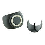 Das Bild zeigt in zwei Ansichten einen schwarzen elipsoidförmigen Klemmschalengleiter mit eingelegtem weißen TPE-Ring.